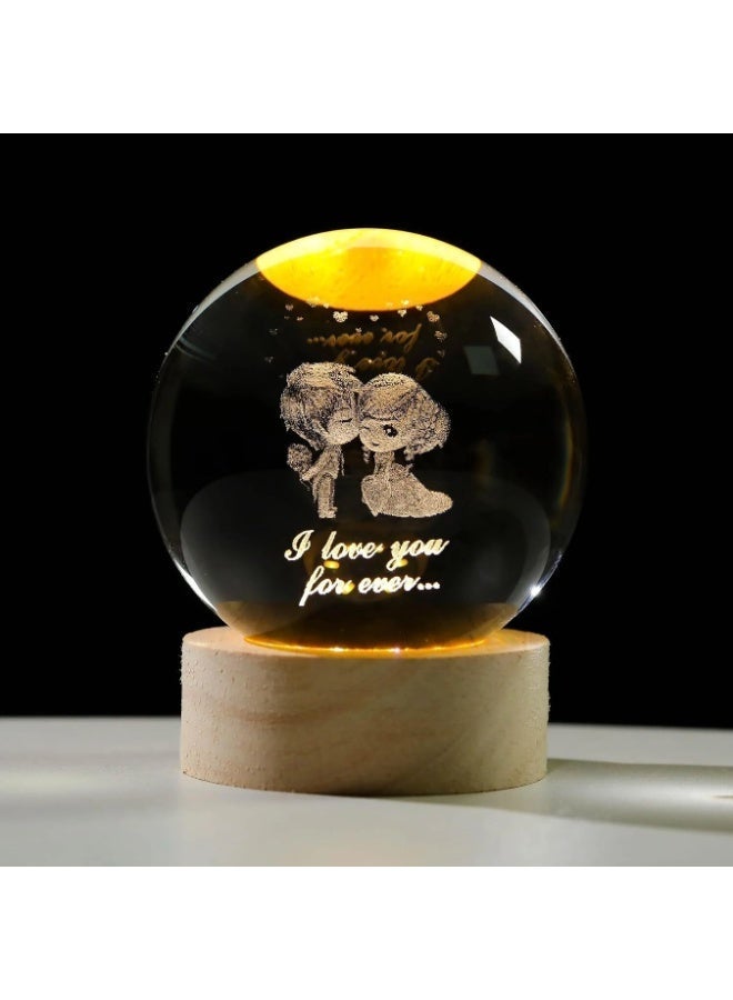 ARABIQO 3D Crystal Ball Night Light 8cm with Wooden Base, USB Powered LED Glass Lamp for Bedroom & Home Décor, Galaxy Crystal Gift for Valentine’s Day, Ramadan & Special Occasions (Couple Doll) - Image 1